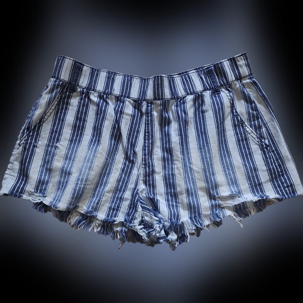 REWASH Blue White Striped Pull-On Shorts Frayed Hem Elastic Waistband Size Large